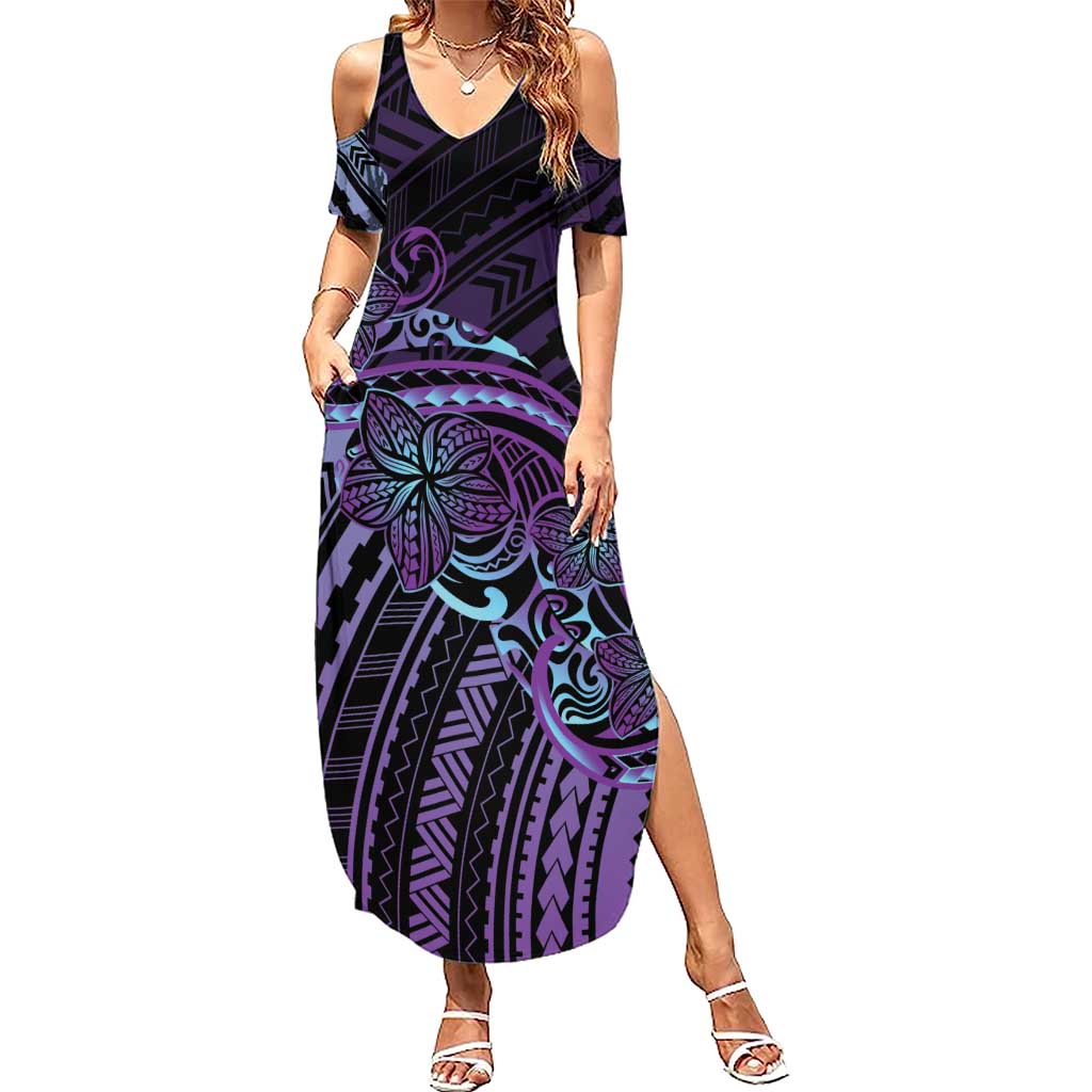 Teal Purple Polynesia Plumeria Tattoo Summer Maxi Dress