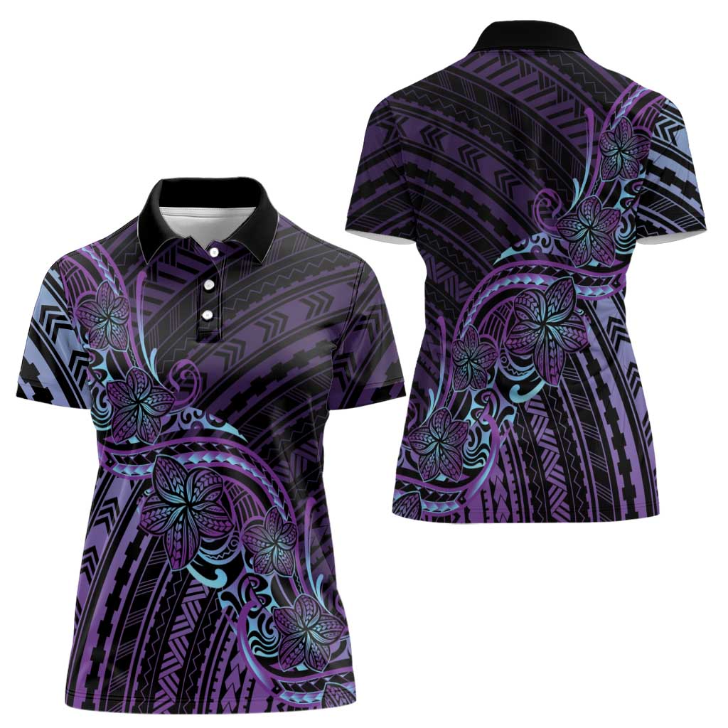 Teal Purple Polynesia Plumeria Tattoo Women Polo Shirt