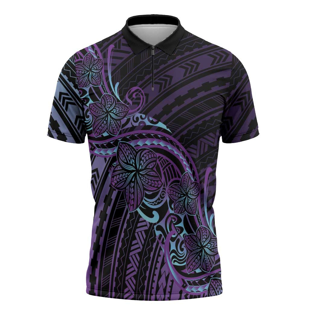 Teal Purple Polynesia Plumeria Tattoo Zipper Polo Shirt