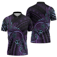 Teal Purple Polynesia Plumeria Tattoo Zipper Polo Shirt