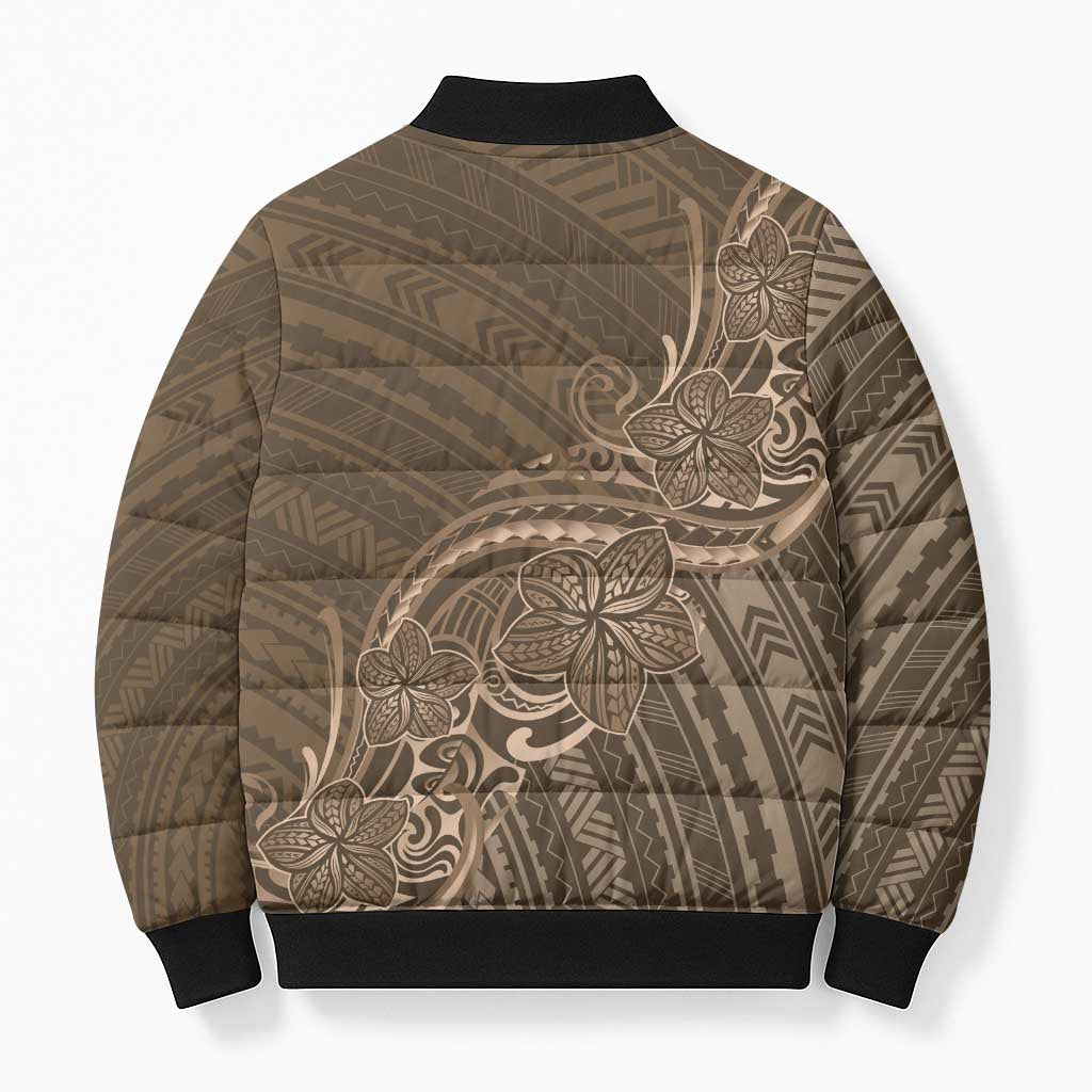 Brown Polynesia Plumeria Tattoo Bomber Puffer Jacket