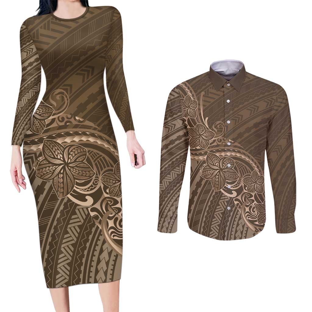 Brown Polynesia Plumeria Tattoo Couples Matching Long Sleeve Bodycon Dress and Long Sleeve Button Shirt