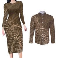 Brown Polynesia Plumeria Tattoo Couples Matching Long Sleeve Bodycon Dress and Long Sleeve Button Shirt
