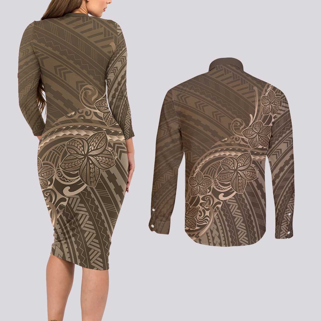 Brown Polynesia Plumeria Tattoo Couples Matching Long Sleeve Bodycon Dress and Long Sleeve Button Shirt