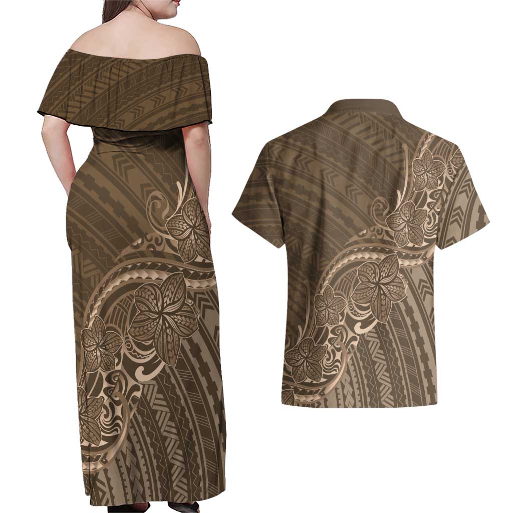Brown Polynesia Plumeria Tattoo Couples Matching Off Shoulder Maxi Dress and Hawaiian Shirt