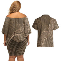 Brown Polynesia Plumeria Tattoo Couples Matching Off Shoulder Short Dress and Hawaiian Shirt