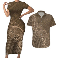 Brown Polynesia Plumeria Tattoo Couples Matching Short Sleeve Bodycon Dress and Hawaiian Shirt