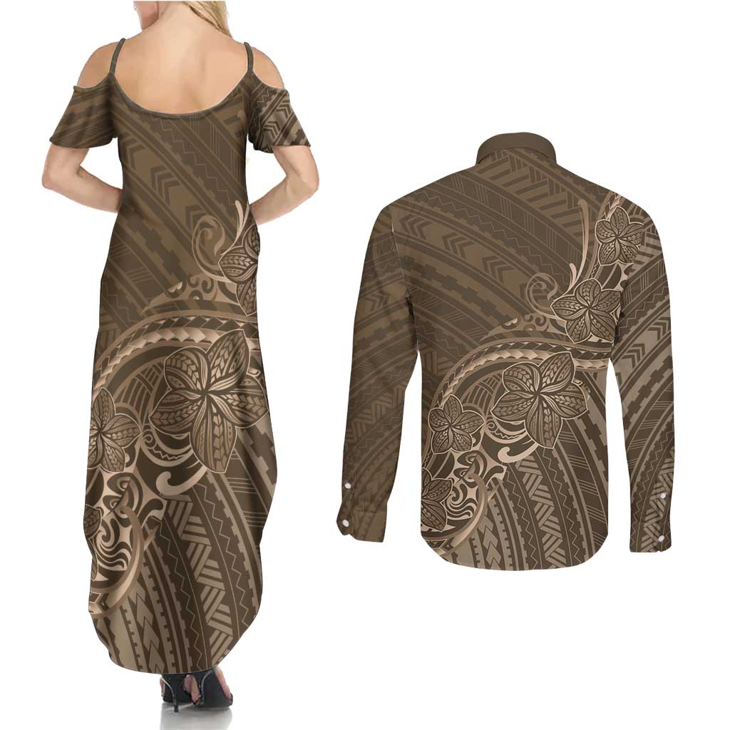 Brown Polynesia Plumeria Tattoo Couples Matching Summer Maxi Dress and Long Sleeve Button Shirt