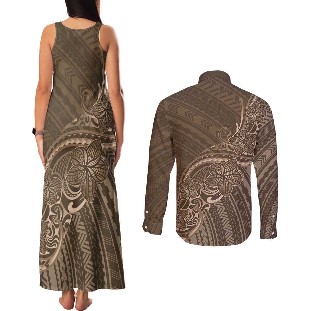 Brown Polynesia Plumeria Tattoo Couples Matching Tank Maxi Dress and Long Sleeve Button Shirt