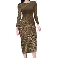 Brown Polynesia Plumeria Tattoo Family Matching Long Sleeve Bodycon Dress and Hawaiian Shirt LT14 Mom's Dress Brown - Polynesian Pride