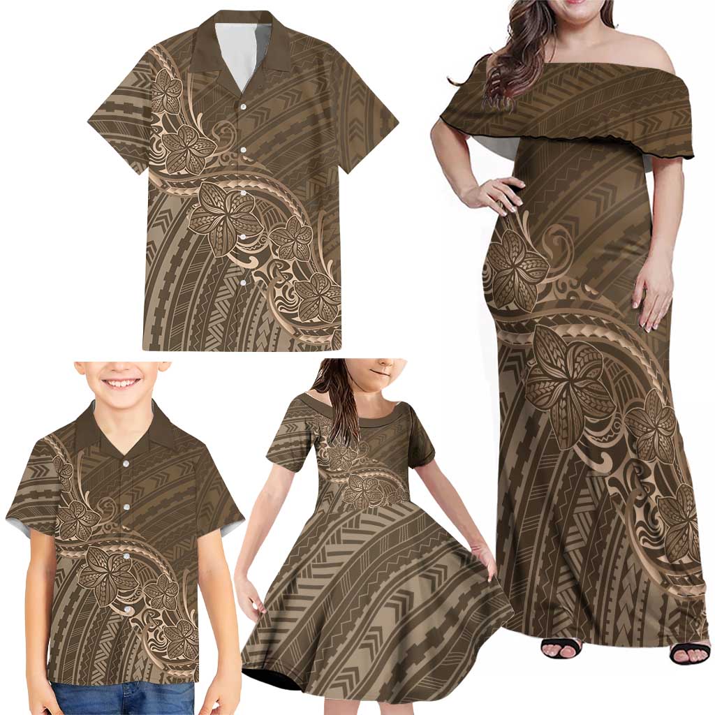 Brown Polynesia Plumeria Tattoo Family Matching Off Shoulder Maxi Dress and Hawaiian Shirt LT14 - Polynesian Pride