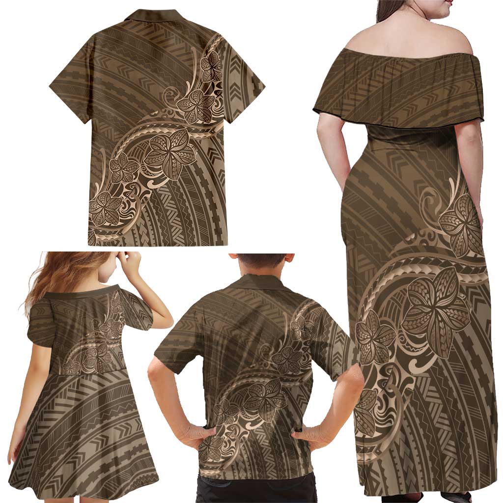 Brown Polynesia Plumeria Tattoo Family Matching Off Shoulder Maxi Dress and Hawaiian Shirt LT14 - Polynesian Pride