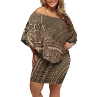 Brown Polynesia Plumeria Tattoo Family Matching Off Shoulder Short Dress and Hawaiian Shirt LT14 Mom's Dress Brown - Polynesian Pride