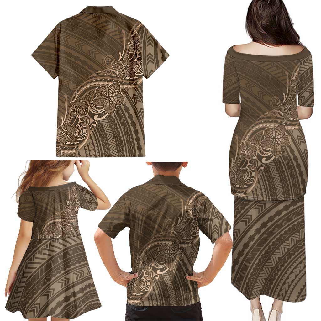 Brown Polynesia Plumeria Tattoo Family Matching Puletasi and Hawaiian Shirt