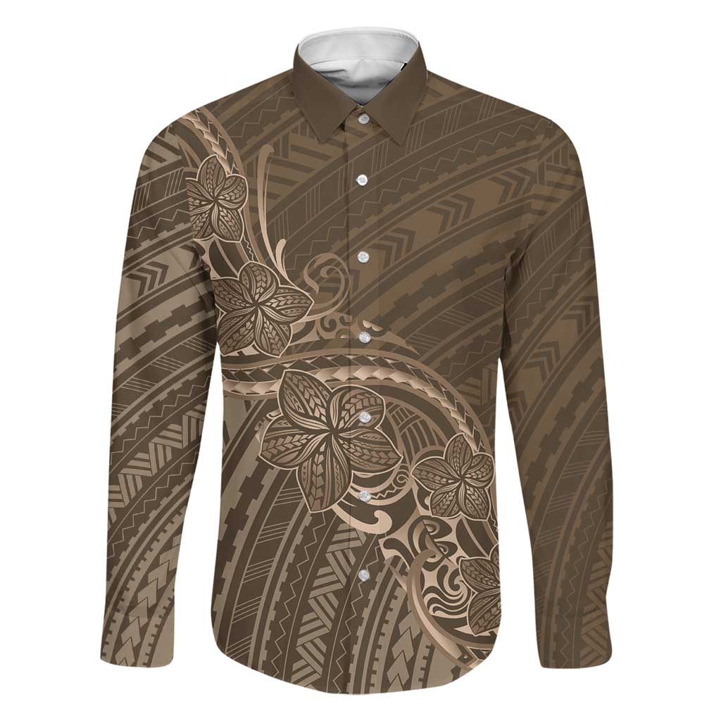 Brown Polynesia Plumeria Tattoo Family Matching Short Sleeve Bodycon Dress and Hawaiian Shirt LT14 Dad's Shirt - Long Sleeve Brown - Polynesian Pride