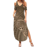 Brown Polynesia Plumeria Tattoo Family Matching Summer Maxi Dress and Hawaiian Shirt LT14 Mom's Dress Brown - Polynesian Pride