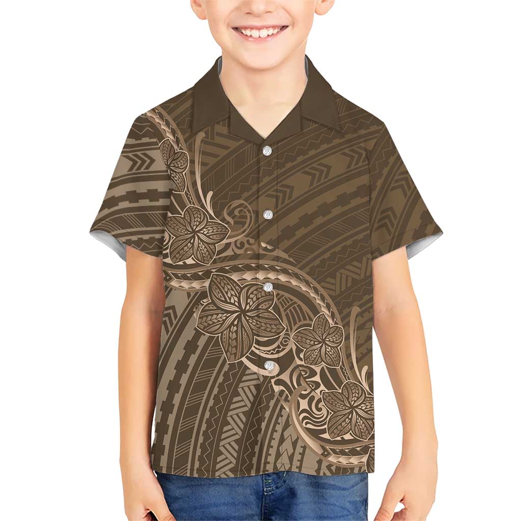Brown Polynesia Plumeria Tattoo Kid Hawaiian Shirt