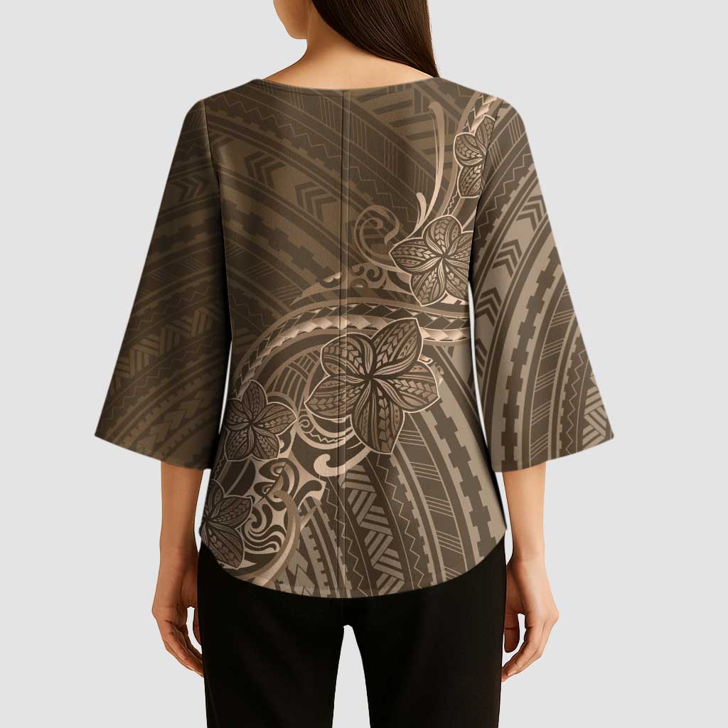 Brown Polynesia Plumeria Tattoo Kimono Sleeve Blouse