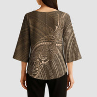 Brown Polynesia Plumeria Tattoo Kimono Sleeve Blouse