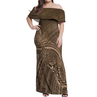 Brown Polynesia Plumeria Tattoo Off Shoulder Maxi Dress