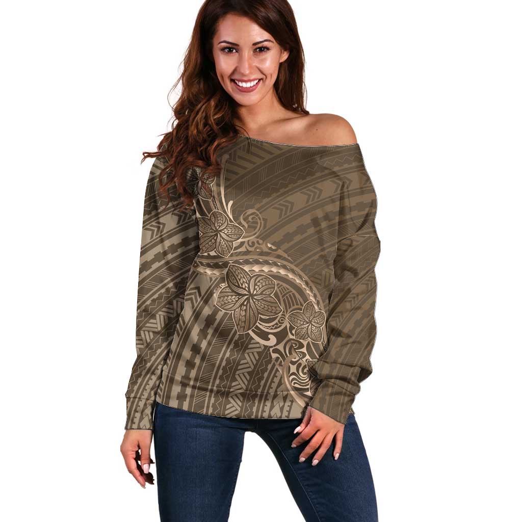 Brown Polynesia Plumeria Tattoo Off Shoulder Sweater
