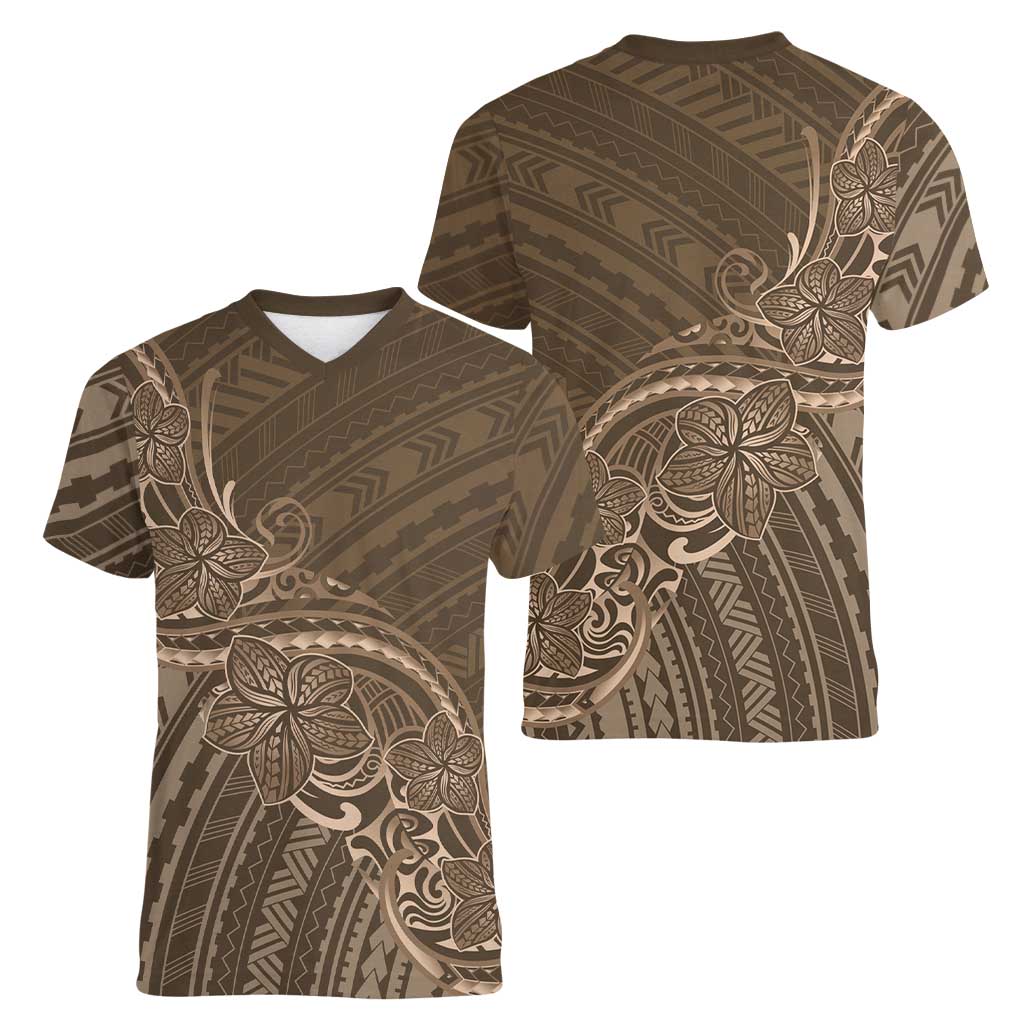 Brown Polynesia Plumeria Tattoo Women V-Neck T-Shirt