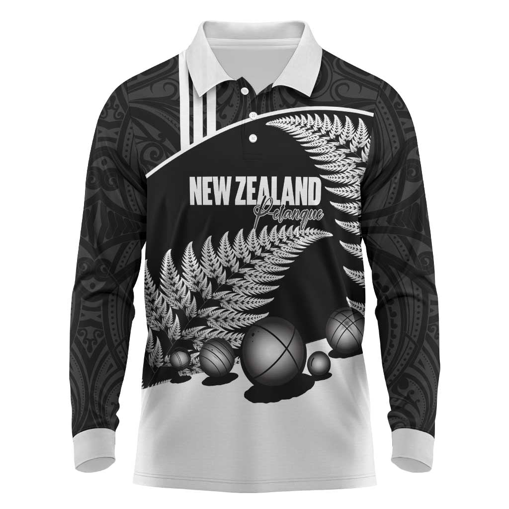 Custom New Zealand Silver Fern Petanque Long Sleeve Polo Shirt Aotearoa Maori Pattern