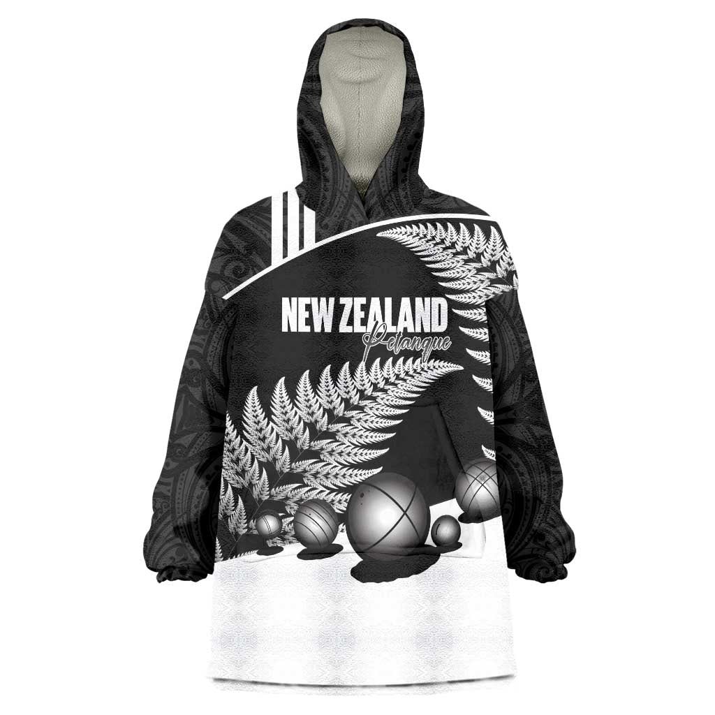 Custom New Zealand Silver Fern Petanque Wearable Blanket Hoodie Aotearoa Maori Pattern LT14 One Size Black - Polynesian Pride
