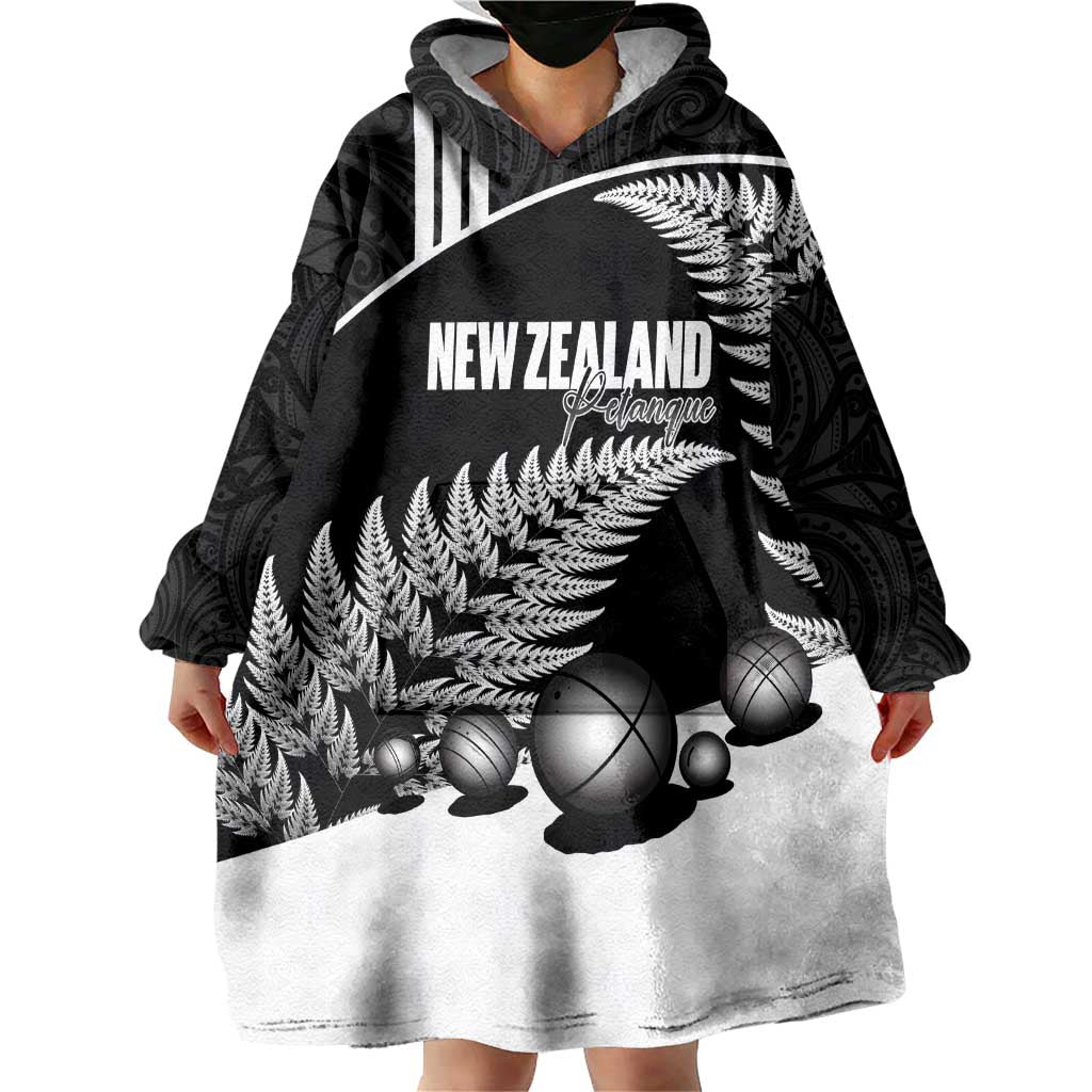 Custom New Zealand Silver Fern Petanque Wearable Blanket Hoodie Aotearoa Maori Pattern LT14 - Polynesian Pride