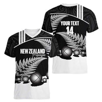 Custom New Zealand Silver Fern Petanque Women V-Neck T-Shirt Aotearoa Maori Pattern LT14 - Polynesian Pride