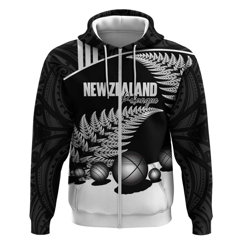 Custom New Zealand Silver Fern Petanque Zip Hoodie Aotearoa Maori Pattern LT14 Zip Hoodie Black - Polynesian Pride