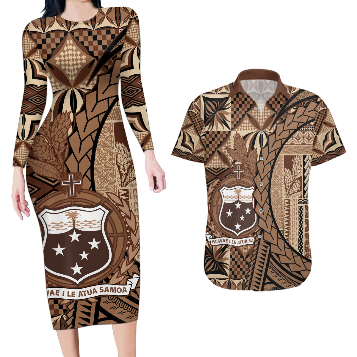 Samoa Siapo Couples Matching Long Sleeve Bodycon Dress and Hawaiian Shirt Happy Independence Day Vintage Vibes LT14 Brown - Polynesian Pride