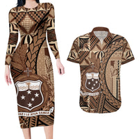 Samoa Siapo Couples Matching Long Sleeve Bodycon Dress and Hawaiian Shirt Happy Independence Day Vintage Vibes LT14 Brown - Polynesian Pride