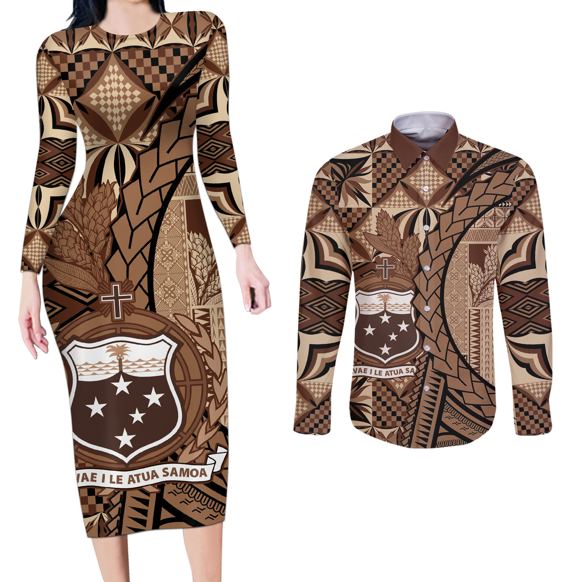 Samoa Siapo Couples Matching Long Sleeve Bodycon Dress and Long Sleeve Button Shirt Happy Independence Day Vintage Vibes LT14 Brown - Polynesian Pride