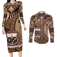 Samoa Siapo Couples Matching Long Sleeve Bodycon Dress and Long Sleeve Button Shirt Happy Independence Day Vintage Vibes LT14 Brown - Polynesian Pride