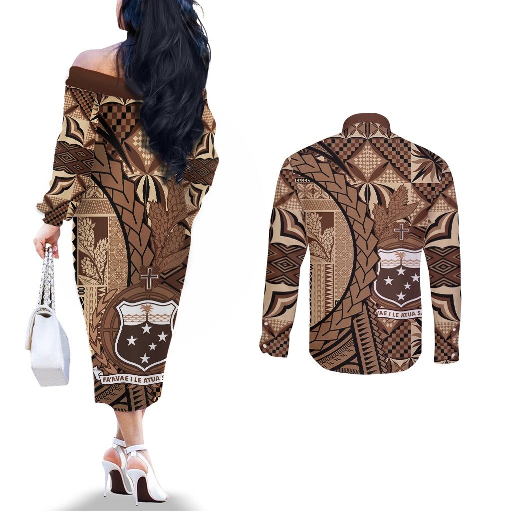 Samoa Siapo Couples Matching Off The Shoulder Long Sleeve Dress and Long Sleeve Button Shirt Happy Independence Day Vintage Vibes LT14 - Polynesian Pride