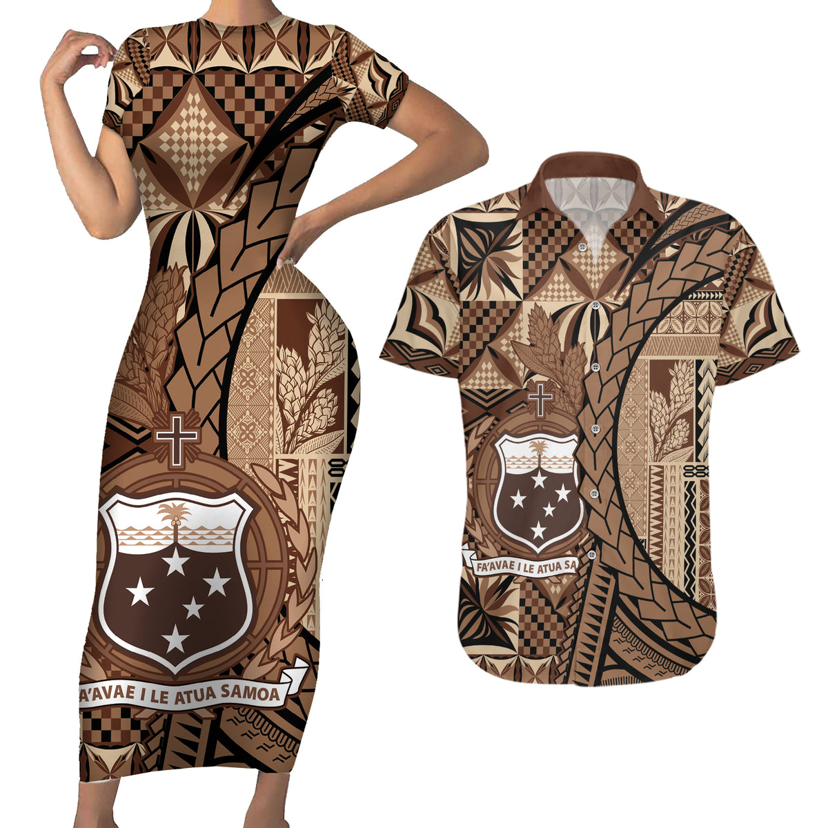 Samoa Siapo Couples Matching Short Sleeve Bodycon Dress and Hawaiian Shirt Happy Independence Day Vintage Vibes LT14 Brown - Polynesian Pride