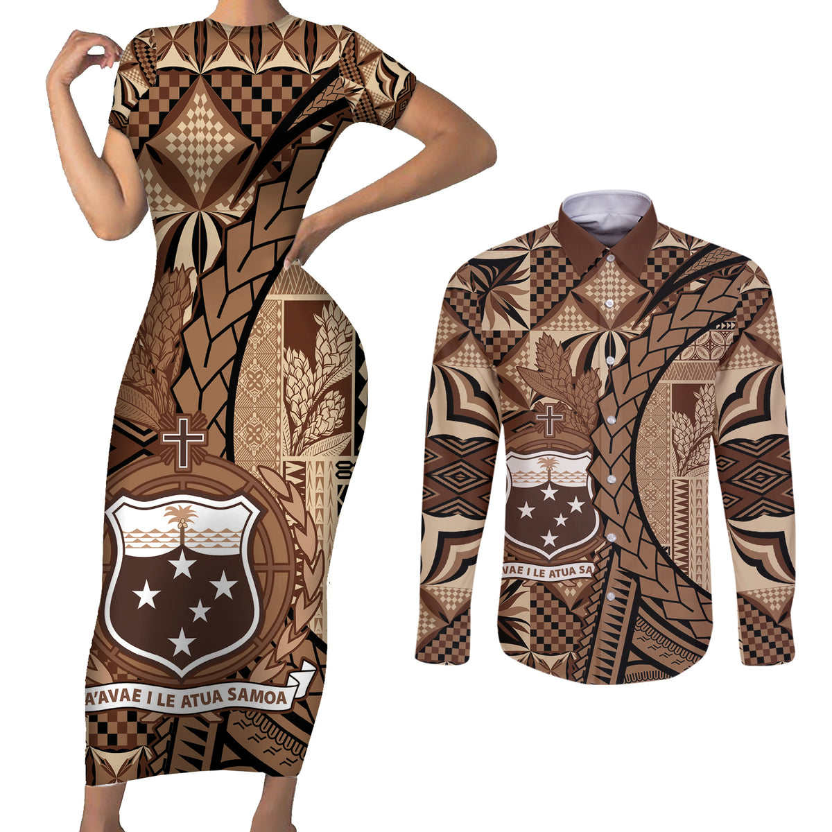 Samoa Siapo Couples Matching Short Sleeve Bodycon Dress and Long Sleeve Button Shirt Happy Independence Day Vintage Vibes LT14 Brown - Polynesian Pride