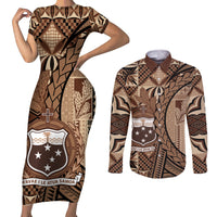 Samoa Siapo Couples Matching Short Sleeve Bodycon Dress and Long Sleeve Button Shirt Happy Independence Day Vintage Vibes LT14 Brown - Polynesian Pride