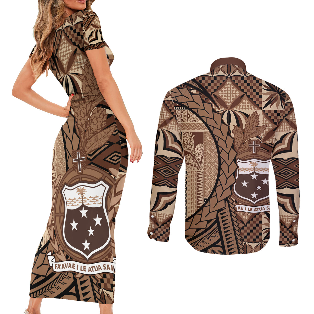 Samoa Siapo Couples Matching Short Sleeve Bodycon Dress and Long Sleeve Button Shirt Happy Independence Day Vintage Vibes LT14 - Polynesian Pride