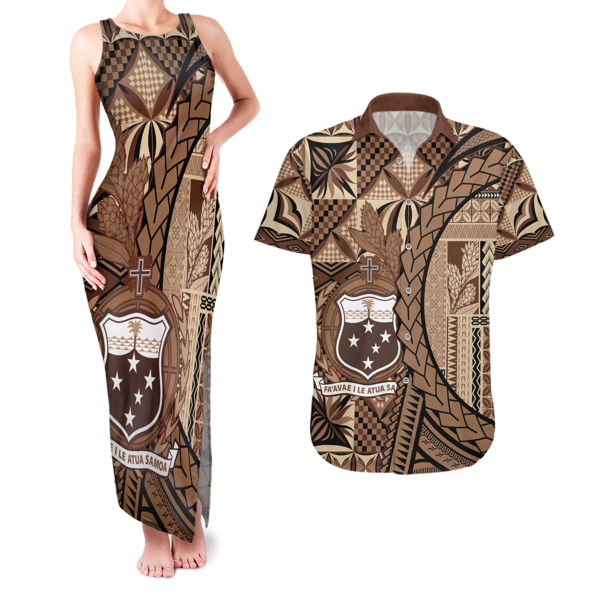 Samoa Siapo Couples Matching Tank Maxi Dress and Hawaiian Shirt Happy Independence Day Vintage Vibes LT14 Brown - Polynesian Pride