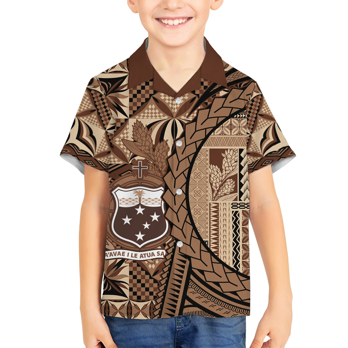 Samoa Siapo Family Matching Summer Maxi Dress and Hawaiian Shirt Happy Independence Day Vintage Vibes LT14 Son's Shirt Brown - Polynesian Pride