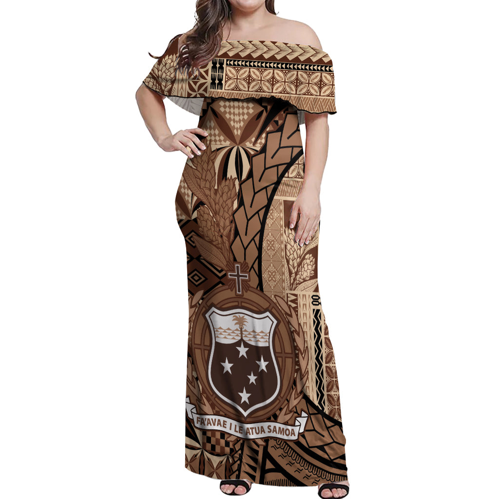 Samoa Siapo Off Shoulder Maxi Dress Happy Independence Day Vintage Vibes LT14 Women Brown - Polynesian Pride