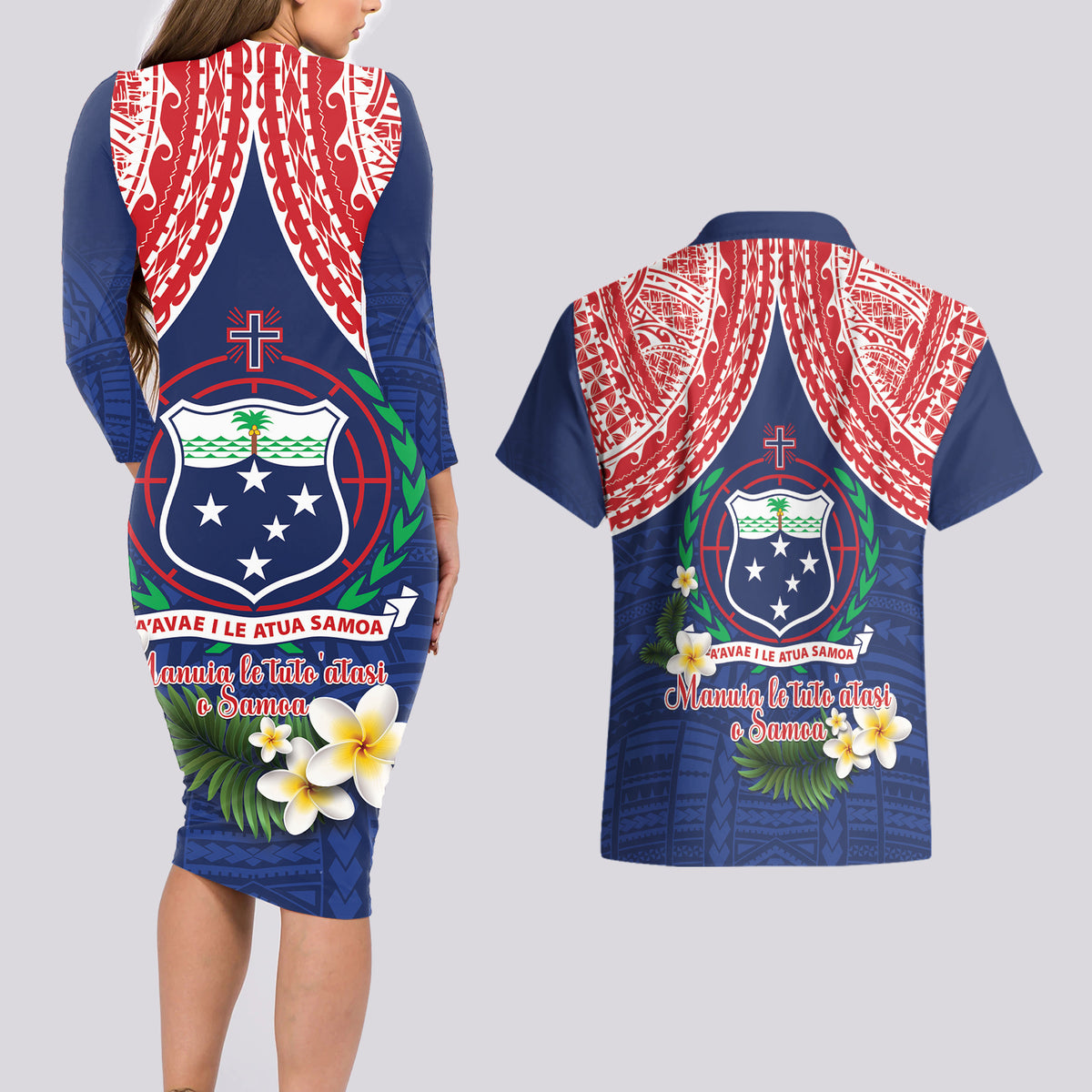 Samoan Independence Day Couples Matching Long Sleeve Bodycon Dress and Hawaiian Shirt Manuia Le Tutoatasi O Samoa LT14 - Polynesian Pride