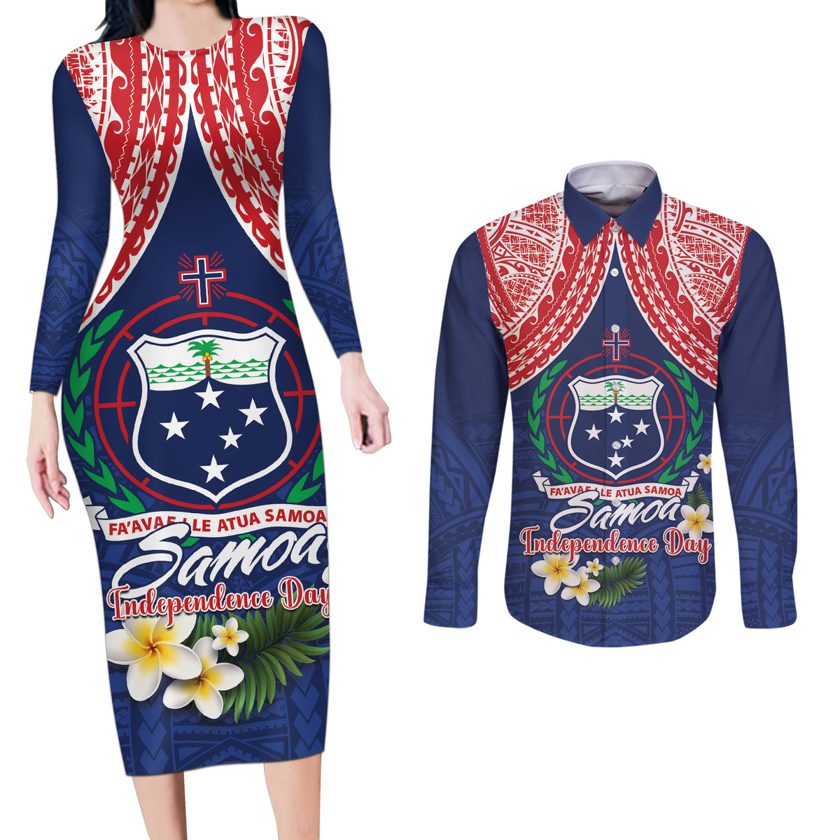 Samoan Independence Day Couples Matching Long Sleeve Bodycon Dress and Long Sleeve Button Shirt Manuia Le Tutoatasi O Samoa LT14 Blue - Polynesian Pride