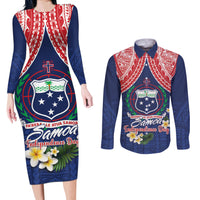 Samoan Independence Day Couples Matching Long Sleeve Bodycon Dress and Long Sleeve Button Shirt Manuia Le Tutoatasi O Samoa LT14 Blue - Polynesian Pride