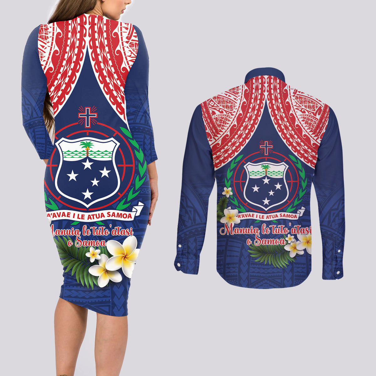 Samoan Independence Day Couples Matching Long Sleeve Bodycon Dress and Long Sleeve Button Shirt Manuia Le Tutoatasi O Samoa LT14 - Polynesian Pride
