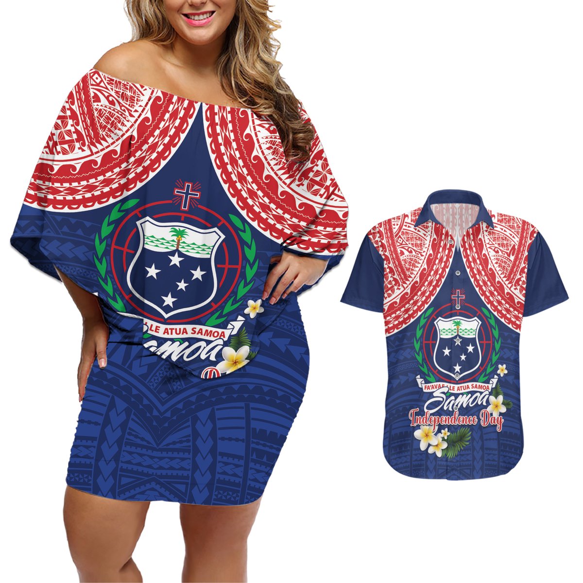 Samoan Independence Day Couples Matching Off Shoulder Short Dress and Hawaiian Shirt Manuia Le Tutoatasi O Samoa LT14 Blue - Polynesian Pride
