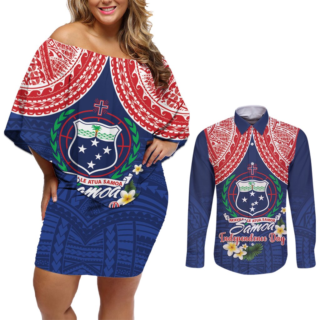 Samoan Independence Day Couples Matching Off Shoulder Short Dress and Long Sleeve Button Shirt Manuia Le Tutoatasi O Samoa LT14 Blue - Polynesian Pride