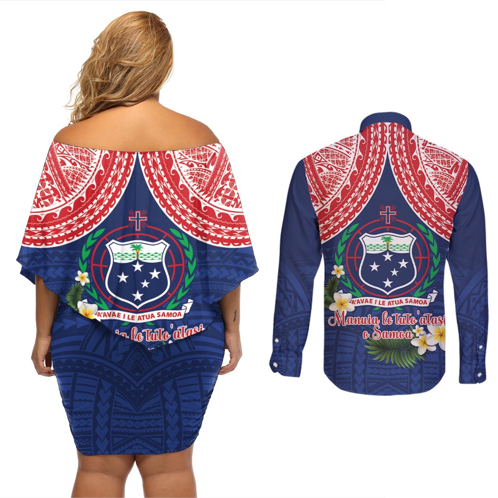 Samoan Independence Day Couples Matching Off Shoulder Short Dress and Long Sleeve Button Shirt Manuia Le Tutoatasi O Samoa LT14 - Polynesian Pride